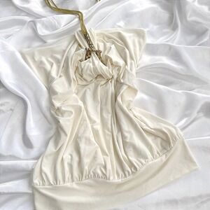 Sky Ivory Cream Draped Halter Top Studded Braided Gold Tie Women Small